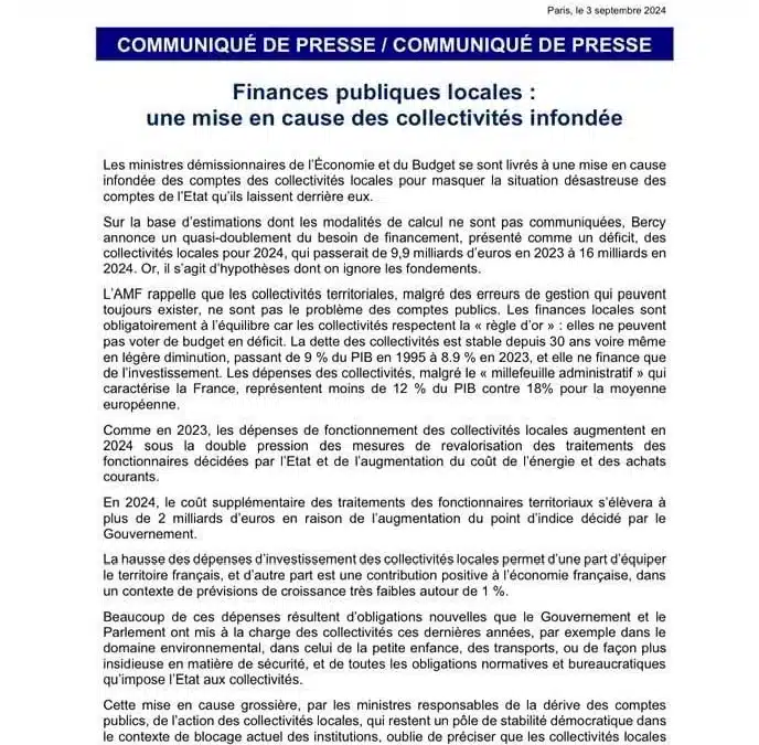 Communiqué de presse de l’AMF : la mise en cause infondée des collectivités dans le déficit public